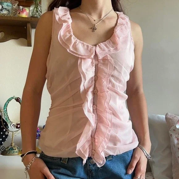 Pink Unique Ruffle Button Up Tank Top - Picture 2 of 4
